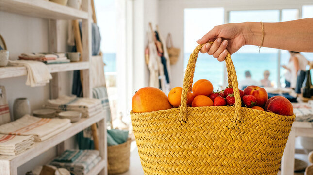 Woman hand holding woven basket with fresh fruits near ocean view