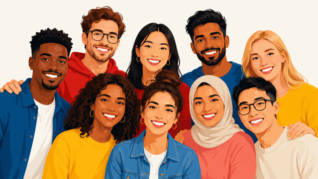 Diverse group of young adults smiling together in a friendly portrait