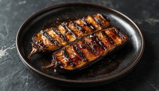 There are two grilled eggplant on a plate on a table