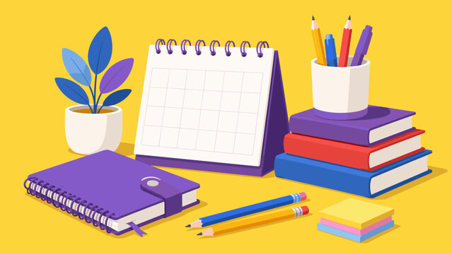 Desk calendar and planner objects with books on yellow background, calendar, planner, books, desk, schedule, date, pencils,