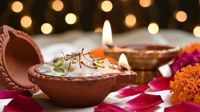 Indian rice pudding in diya bowl for Diwali festival