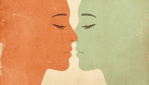 There are two faces of a woman and a man with closed eyes