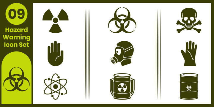 Black hazard warning icon set featuring radiation symbols biohazard signs skull and crossbones and protective gear on a green background
