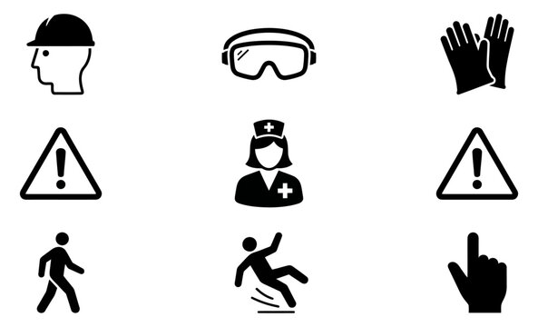 Black silhouettes of safety equipment and warning signs on a white background representing workplace hazard protection and health guidelines