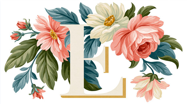 Letter E decorated with blooming flowers and green leaves creating a vintage floral monogram arrangement on white background