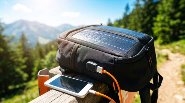 Solar powered backpack charging smartphone on wooden railing with mountain scenery