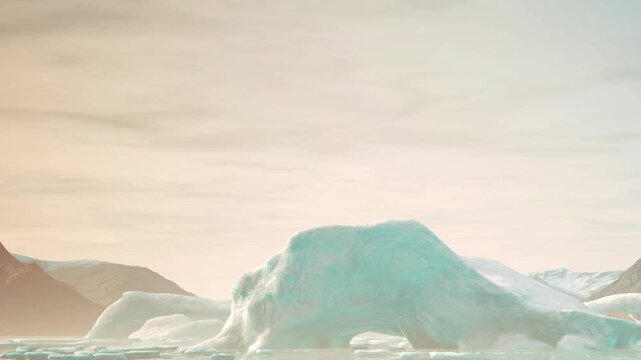 A polar bear walks on a large ice floe in the Arctic. The landscape shows mountains in the background and a clear sky. This scene highlights the bears habitat in winter.