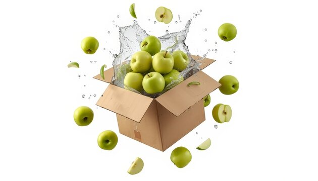 An image of a box full of green apples with water splashing out of it