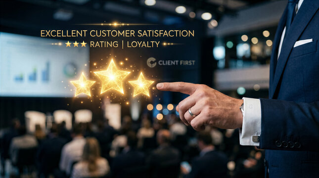 Businessman pointing at glowing five star rating and excellent customer satisfaction text overlay in conference hall