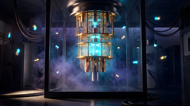 Quantum Computer Core Glowing Inside Cryogenic Cooling Chamber