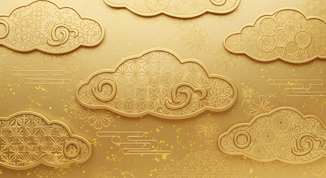Golden oriental cloud pattern background, with intricate traditional, japanese floral texture motifs