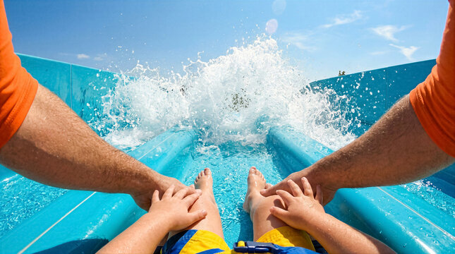 First person view of adult and child riding blue water slide with splash