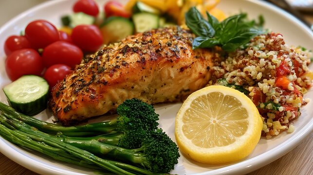 Plate with veggies, grains, and protein offers a good meal.