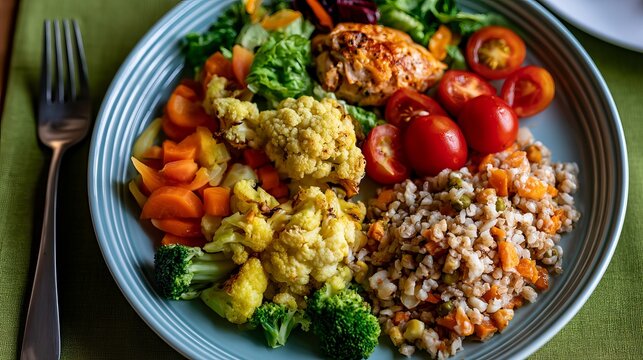 Plate with veggies, grains, and protein offers a good meal.