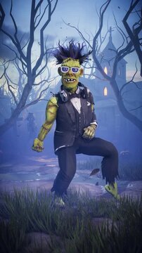 Funny 3D animation of Frankenstein monster dancing with skeletons, zombies and pumpkins in spooky night cemetery. Humorous Halloween character in scary foggy graveyard.