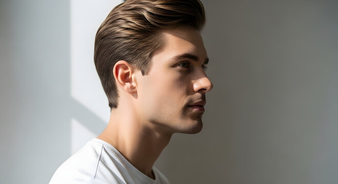 Profile portrait of a young man with stylish pompadour hairstyle against a neutral grey wall