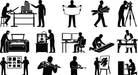Obraz premium Architecture and Engineering Profession Silhouette Set with Designers Surveyors Craftsmen and Technical Specialists