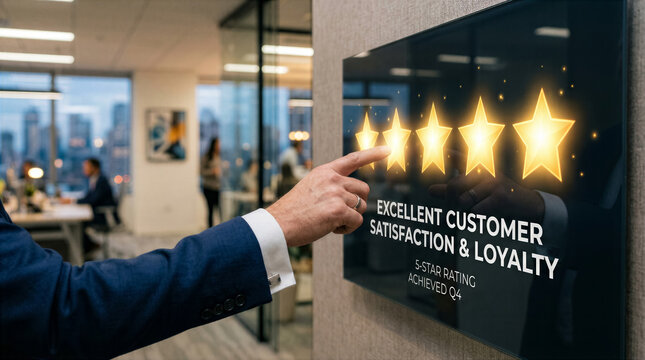 Businessman pointing at digital five star rating screen in modern office