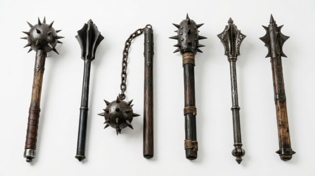 Spiked mace weapon collection for historical combat and defensive armor concept, high quality commercial visual featuring detailed