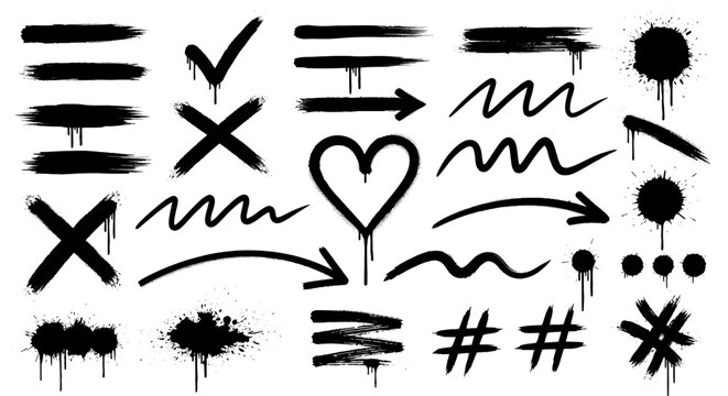 Collection of black spray paint graffiti design elements featuring ink drips splatter marks strokes arrows and abstract hand drawn symbols
