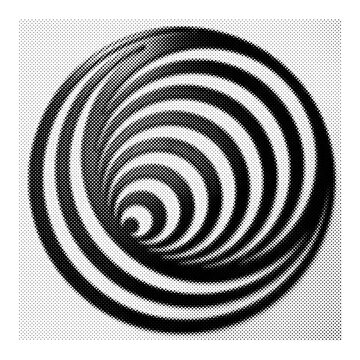 Abstract halftone spiral pattern with intricate concentric circles creating mesmerizing optical illusion effect transparent background