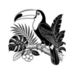 Artistic halftone illustration of a toucan perched among tropical leaves design transparent background © AbstractZone