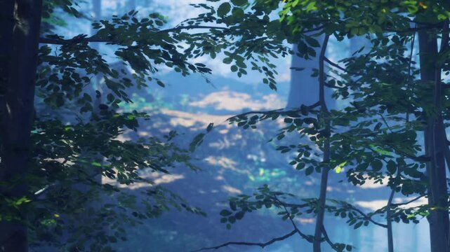 Sunlight filters through green leaves in a forest. The scene shows shadows on the ground. There are hints of water and distant greenery. A sense of nature surrounds the area.