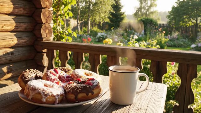 Plate of donuts and steaming mug on porch, flower garden in sunlight. Coffee theme drives message: morning coffee, coffee cup with warm brew for cozy marketing, cafe menus