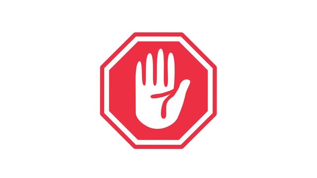 Stop hand sign icon animation, red octagonal warning symbol with open palm isolated on a clean white background
