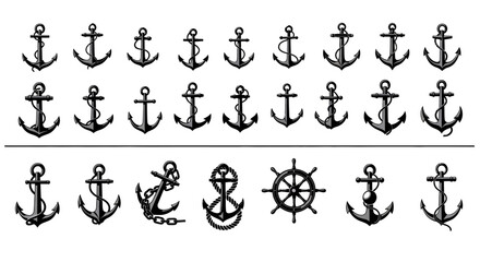 Set of vintage nautical anchor icons and steering wheel vector illustrations © Viadalla