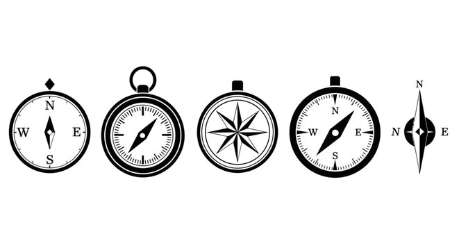 Vector collection of vintage and modern compass icons for navigation, travel, and adventure mapping
