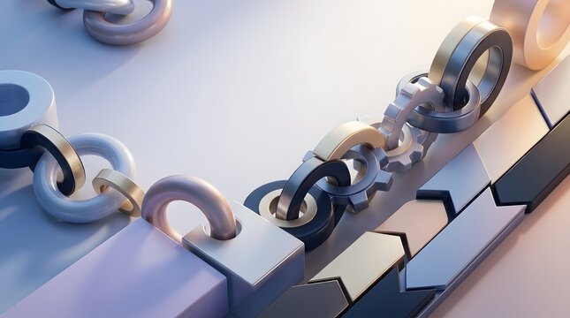 3D abstract rendering of interlocking metallic rings, mechanical gears, and directional chevron arrows on a light blue background representing industrial connectivity and workflow.