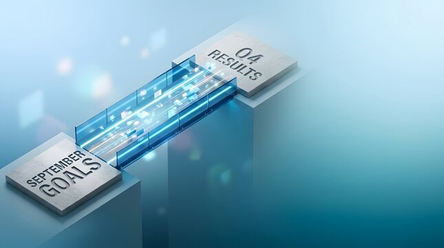 3D isometric rendering of a glowing blue digital bridge connecting two stone pedestals marked September Goals and Q4 Results, symbolizing business planning and data transition.