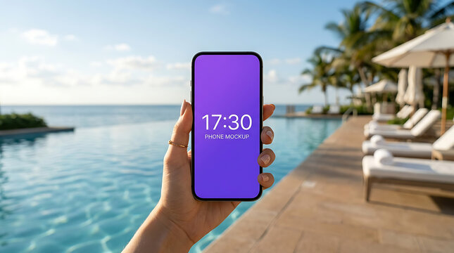 Hand Holding Smartphone Showing Time Near Infinity Pool By Ocean