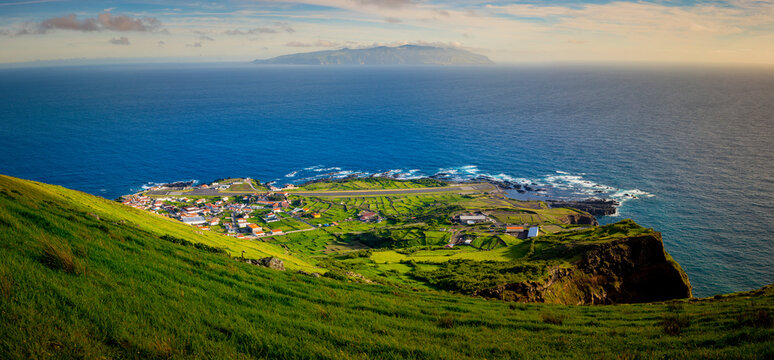 High angle and aerial view on Vila do Corvo on Corvo Island, Azores