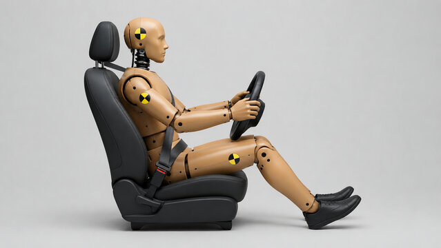 A crash test dummy sits in a car seat holding a steering wheel against a plain grey background.