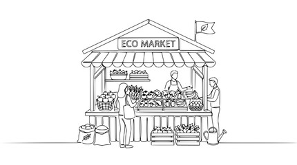 Obraz premium Continuous line art illustration of an organic eco market stall with vendor and customers