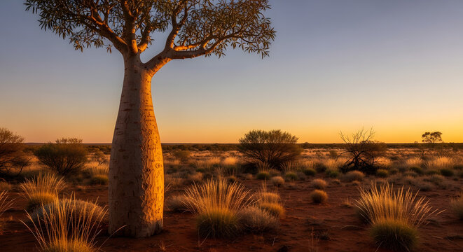 Boab tree in Australian outback at sunset. Iconic Kimberley landscape with golden light.