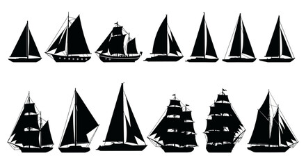 Collection of Various Sailing Ship and Nautical Vessel Silhouettes for Marine Design Projects © Viadalla