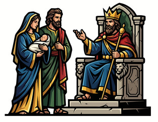 Obraz premium King Solomon on royal throne judging dispute over baby. Old Testament theme. Flat vector illustration isolated on white background