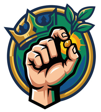 Tiny mustard seed in hand with sprouting plant and crown. Biblical kingdom parables theme vector illustration. Circular emblem design