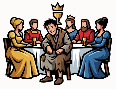 Guest without proper garment at a wedding feast. Biblical kingdom parables theme. Flat vector illustration isolated on white