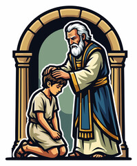 Fototapeta premium Old priest Eli blessing young boy Samuel in temple. Old Testament biblical vector illustration. Flat design isolated on white