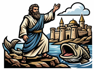 Fototapeta premium Prophet Jonah preaching on the shore of Nineveh. Old Testament biblical theme with large fish. Flat design vector illustration isolated on white background