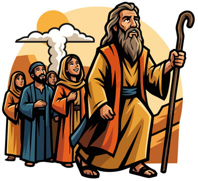 Moses leading people through the desert. Old Testament biblical vector illustration. Flat design isolated on white