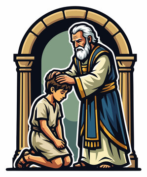 Old priest Eli blessing young boy Samuel in temple. Old Testament biblical vector illustration. Flat design isolated on white
