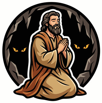 Prophet Daniel praying inside dark lion den with glowing eyes. Old Testament hero vector illustration. Biblical theme emblem isolated on white background