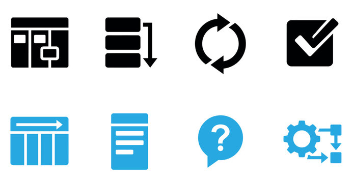 Set of simple vector icons for business project management database sync refresh check and workflow tasks Minimal solid fill icon set bundle collection. Editable Vector Illustration Mega pack