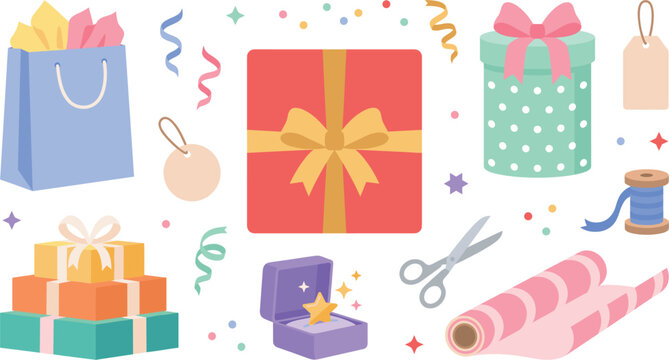 Birthday gift box wrapping vector illustration set with gift bags and ribbonsBirthday gift box wrapping vector illustration set with gift bags and ribbons