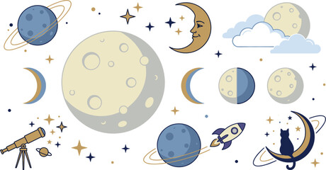 Moon phases and space vector illustration set with full moon, rocket, and telescope © IconWorld Studio